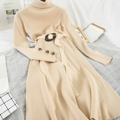 Modern női hosszú ruha magas gallérral és övvel fekete, bézs, szürke és rózsaszín színekben