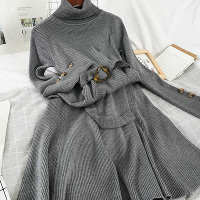 Modern női hosszú ruha magas gallérral és övvel fekete, bézs, szürke és rózsaszín színekben