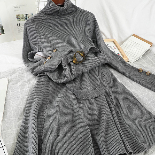 Μοντέρνο γυναικείο φόρεμα με ψηλό κολάρο και ζώνη σε μαύρο, μπεζ, γκρι και ροζ χρώμα