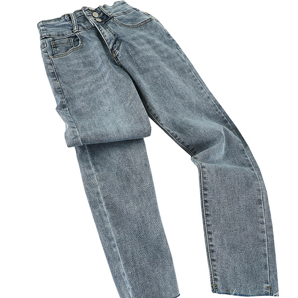 Blugi moderni de dama cu talie inalta si nasturi in negru si albastru