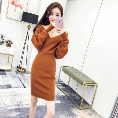 Μοντέρνο γυναικείο φόρεμα με μακρύ μανίκι  με V-neck  σε τρία χρώματα