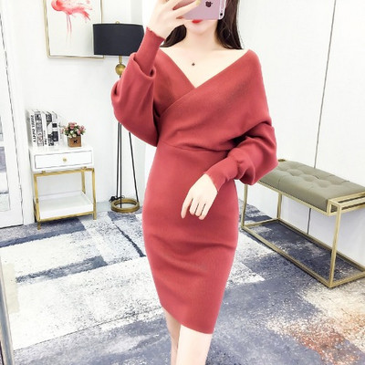 Μοντέρνο γυναικείο φόρεμα με μακρύ μανίκι  με V-neck  σε τρία χρώματα