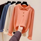 Χνουδωτό γυναικείο πουλόβερ με κλασικό κολάρο και πέρλες  σε πορτοκαλί, μπλε, λευκό και μαύρο χρώμα