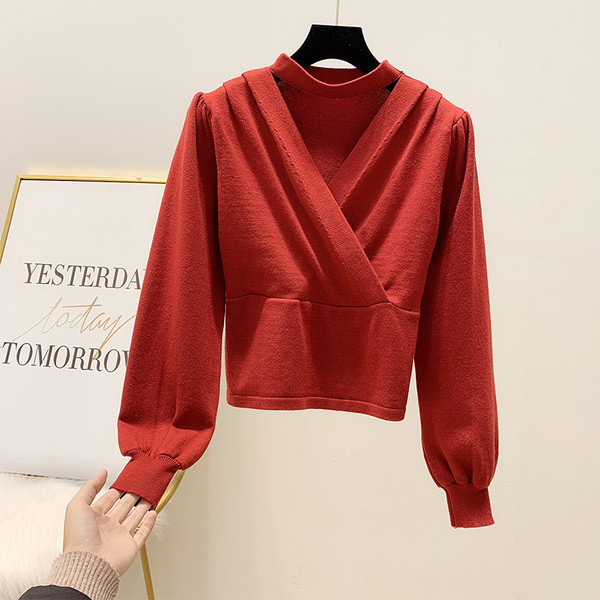 Γυναικείο πουλόβερ με V-Neck σε κόκκινο, καφέ, μαύρο και μπεζ χρώμα