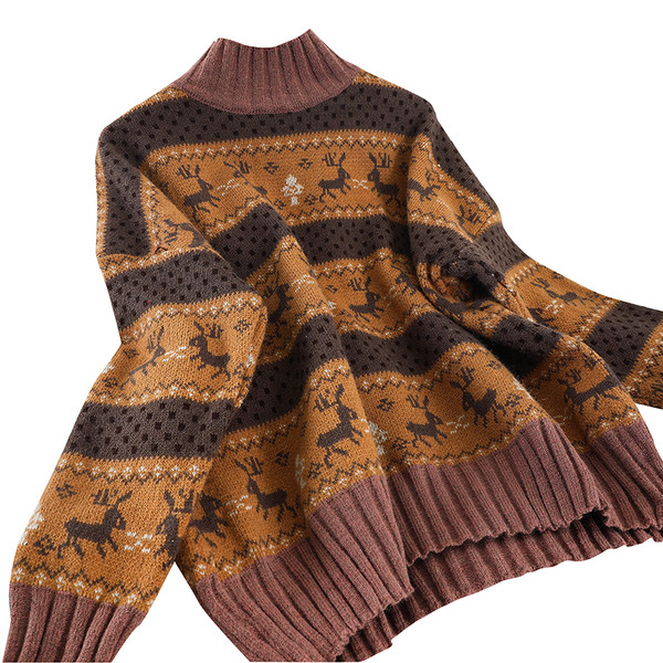 Κομψό γυναικείο πουλόβερ με υψηλό γιακά και χριστουγεννιάτικο σχέδιο σε δύο χρώματα