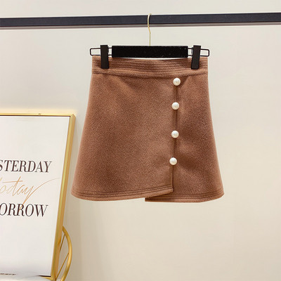 Γυναικεία χειμερινή φούστα με υψηλή μέση και διακοσμητικές πέρλες σε καφέ, μαύρο και μπεζ χρώμα