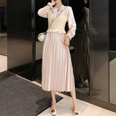 Fusta de dama moderna cu fusta plisata si cravate in roz, bej si negru