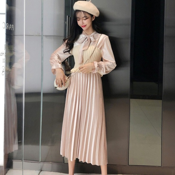 Fusta de dama moderna cu fusta plisata si cravate in roz, bej si negru