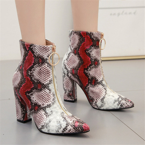 Cizme de dama NOI model ascutit cu imprimeu sarpe si fermoar