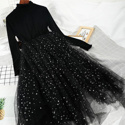 Κομψό γυναικείο φόρεμα με μακριά μανίκια και τούλι σε μαύρο, καφέ και μπεζ χρώμα