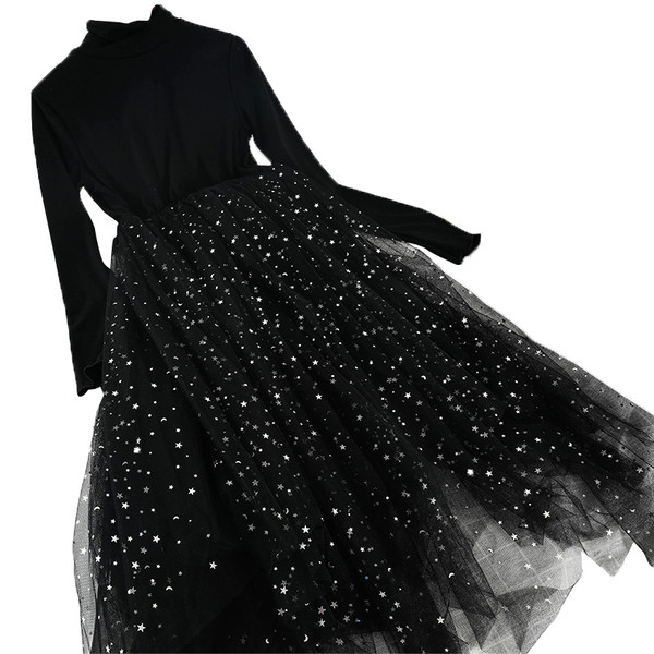 Rochie elegantă de damă cu mâneci lungi și tul în negru, maro și bej