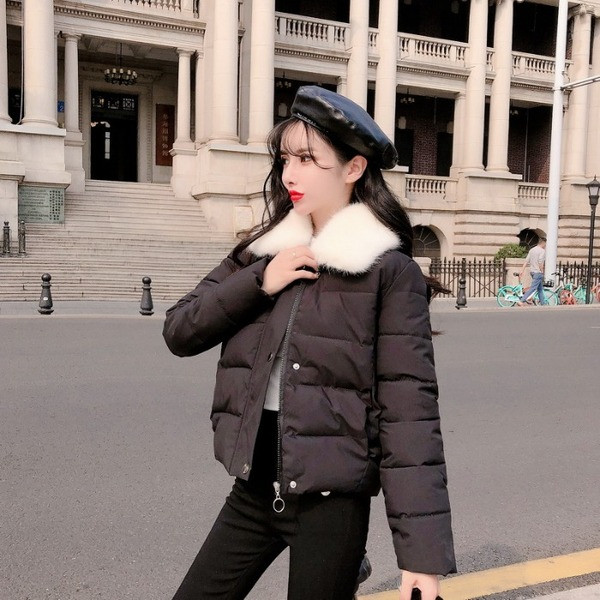 Női rövid téli kabát tollas gallérral, fehér és fekete színben