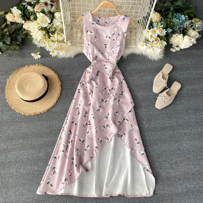 Rochie lunga dama model asimetric cu model floral