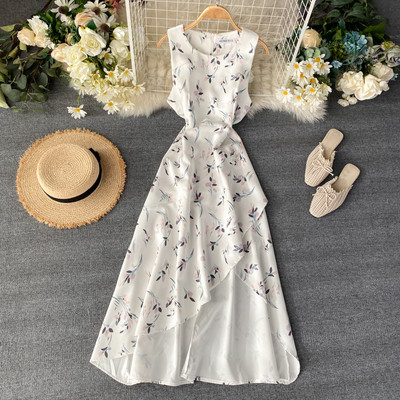 Rochie lunga dama model asimetric cu model floral