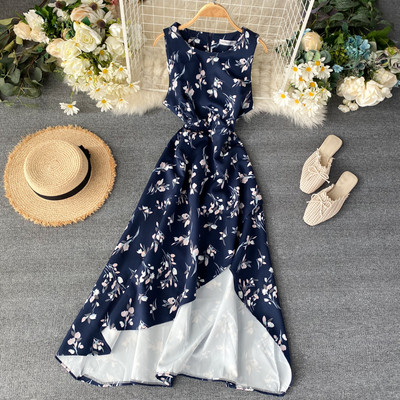 Rochie lunga dama model asimetric cu model floral