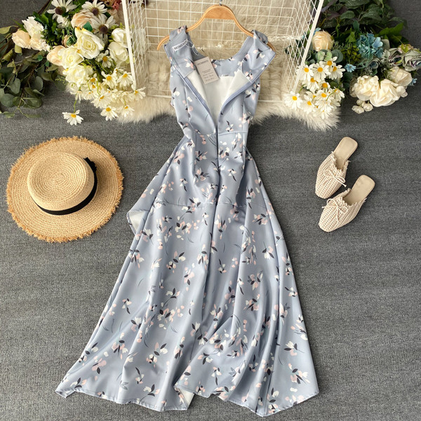 Rochie lunga dama model asimetric cu model floral