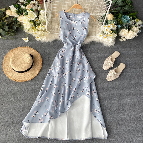 Rochie lunga dama model asimetric cu model floral