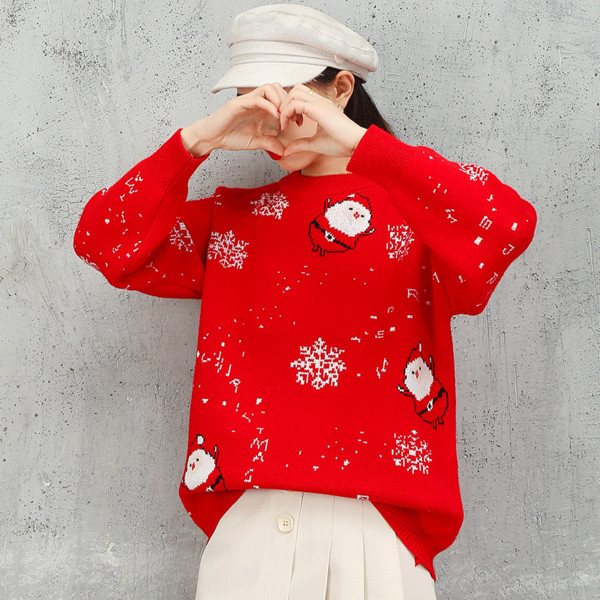 Χριστουγεννιάτικο γυναικέιο πουλόβερ με στρογγυλό ντεκολτέ και χιονονιφάδες σε κόκκινο και μαύρο χρώμα