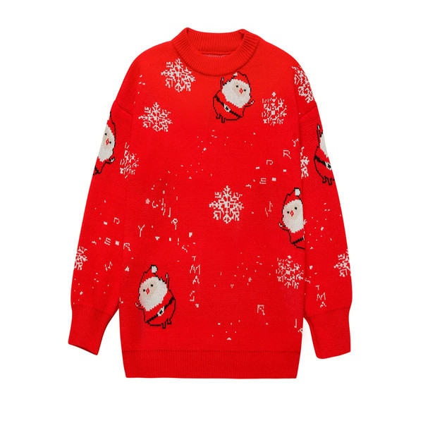 Χριστουγεννιάτικο γυναικέιο πουλόβερ με στρογγυλό ντεκολτέ και χιονονιφάδες σε κόκκινο και μαύρο χρώμα