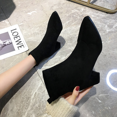 Γυναικεία μπότες eco σουέτ με χοντρό τακούνι - διάφορα χρώματα - μυτερό μοντέλο