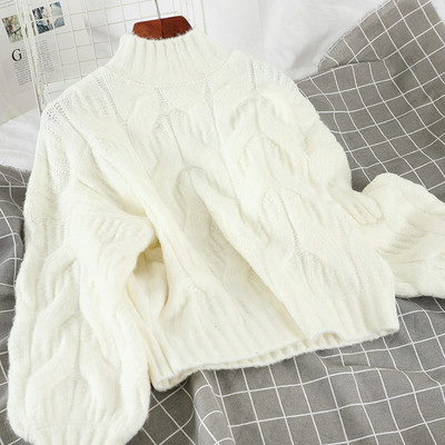 Γυναικείο πουλόβερ σε κίτρινο, μπλε και άσπρο χρώμα  με υψηλό κολάρο και μακρύ μανίκι