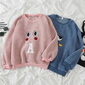 Pulover de pluș de damă în albastru și roz cu broderie și decolteu rotund