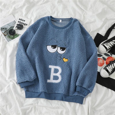 Pulover de pluș de damă în albastru și roz cu broderie și decolteu rotund