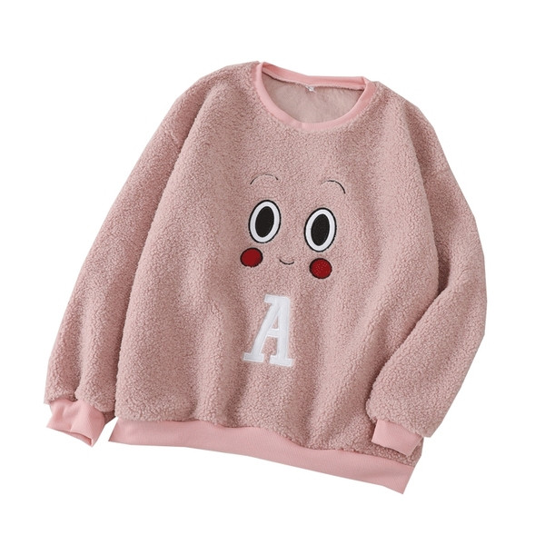 Pulover de pluș de damă în albastru și roz cu broderie și decolteu rotund