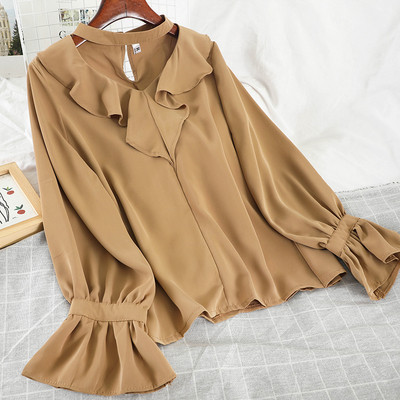 Μοντέρνο γυναικείο πουκάμισο με βολάν και  μακρύ μανίκι σε έξι χρώματα