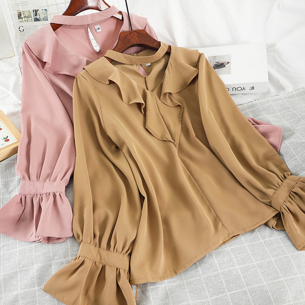 Μοντέρνο γυναικείο πουκάμισο με βολάν και  μακρύ μανίκι σε έξι χρώματα