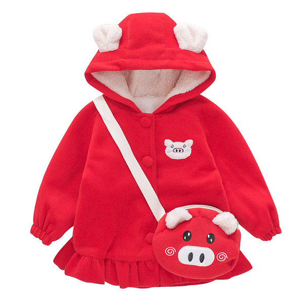 Модерно детско палто в червен и розов цвят с копчета и 3D елементи