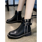 Cizme casual dama din piele ecologica cu catarama si fermoare de culoare neagra