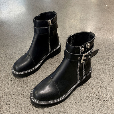 Cizme casual dama din piele ecologica cu catarama si fermoare de culoare neagra