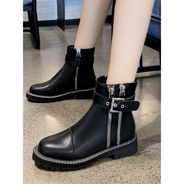 Cizme casual dama din piele ecologica cu catarama si fermoare de culoare neagra