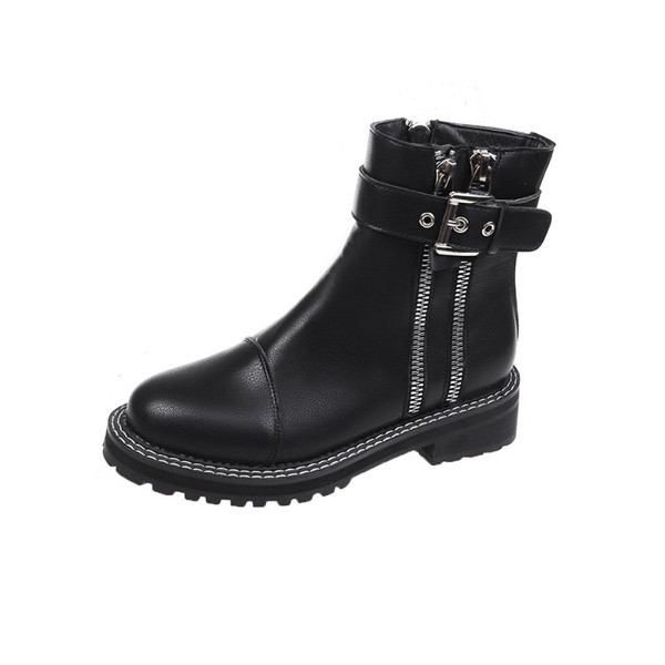 Cizme casual dama din piele ecologica cu catarama si fermoare de culoare neagra