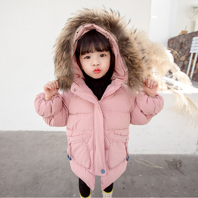 Παιδικό χειμωνιάτικο μπουφάν για κορίτσια σε λευκό και ροζ χρώμα με κουκούλα και κεντήματα