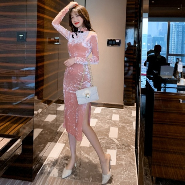 Rochie formală de damă cu fantă din catifea - stil retro în albastru, violet, roșu, negru și roz