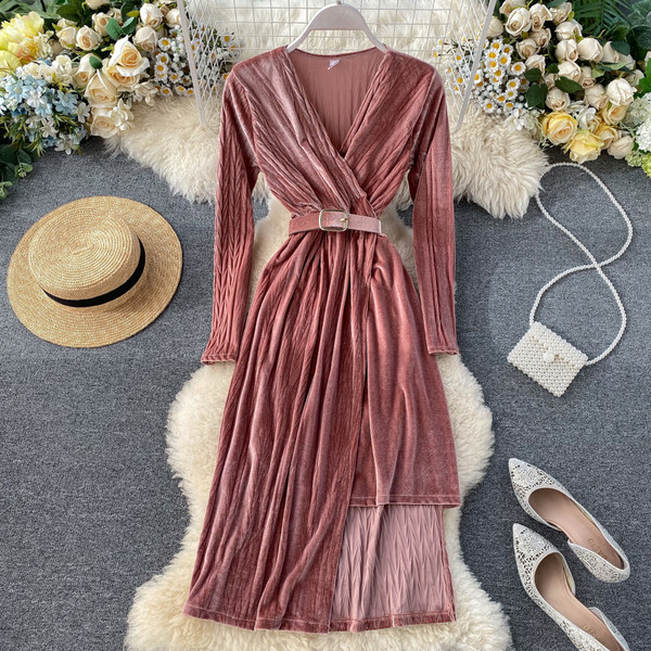 Μοντέρνο γυναικείο φόρεμα  με  V-neck με  ζώνη σε ροζ και πράσινο χρώμα