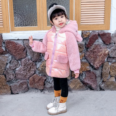 Napi gyerekkabát lányoknak kék és rózsaszín színben, zsebekkel és kapucnival