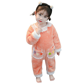 Детска плюшена пижама в два цвята с джобове за момичета 