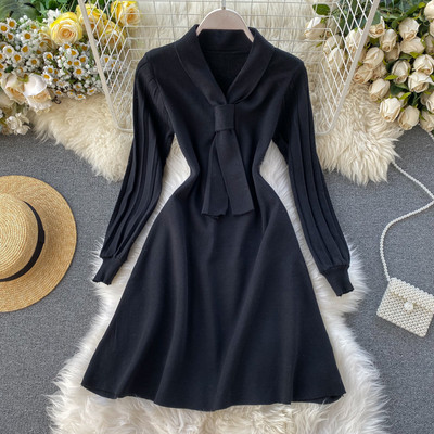 Χειμερινό γυναικείο πλεκτό φόρεμα με δαντέλα σε μακρύ μανίκι ροζ, μπλε, καφέ και μαύρο χρώμα