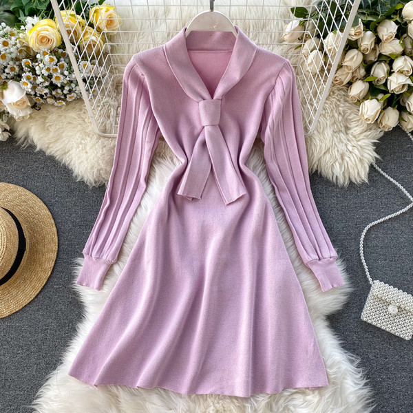 Χειμερινό γυναικείο πλεκτό φόρεμα με δαντέλα σε μακρύ μανίκι ροζ, μπλε, καφέ και μαύρο χρώμα