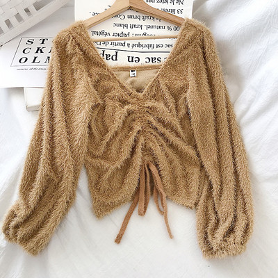 Γυναικείο πουλόβερ σε μαύρο, λευκό και μπεζ  χρώμα με κορδόνια και V-neck