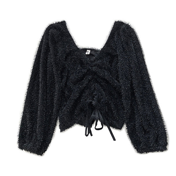 Γυναικείο πουλόβερ σε μαύρο, λευκό και μπεζ  χρώμα με κορδόνια και V-neck