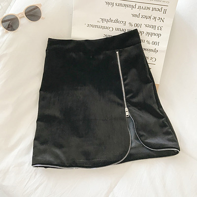 Fusta de dama moderna din catifea in negru si albastru cu fermoar si talie inalta