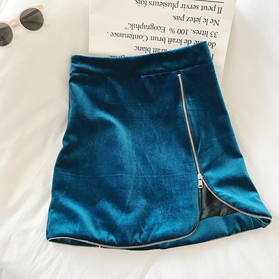 Fusta de dama moderna din catifea in negru si albastru cu fermoar si talie inalta