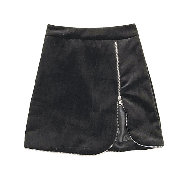 Fusta de dama moderna din catifea in negru si albastru cu fermoar si talie inalta