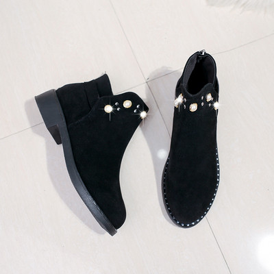 Γυναικείες Casual Eco-Velor μπότες σε μαύρο και γκρι χρώμα - μυτερό μοντέλο  με διακόσμηση πέρλες