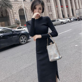 Rochie de dama cu decolteu rotund si slip model Slim in bej, gri si negru