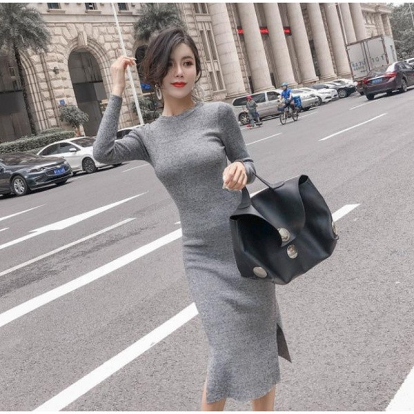 Rochie de dama cu decolteu rotund si slip model Slim in bej, gri si negru